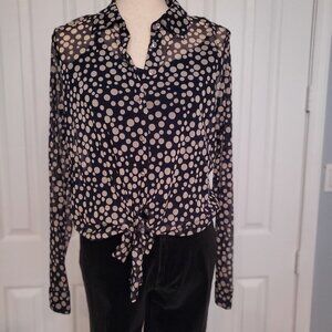 INC Button Up Long Sleeved Navy Blue Blouse Lt Tan Polk A Dots Sz M